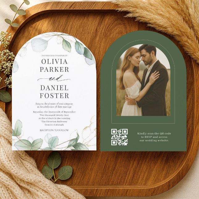 Invitación Elegant Rustic Eucalyptus QR Code Photo Wedding (Subido por el creador)