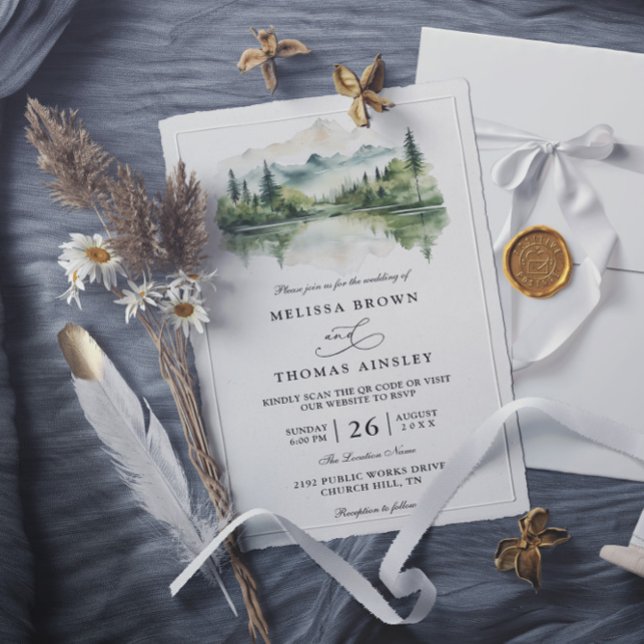 Invitación Elegant Rustic Mountain Budget QR Code Wedding (Subido por el creador)