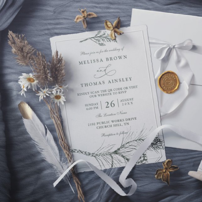 Invitación Elegant Rustic Pine Branch QR Code Wedding (Subido por el creador)