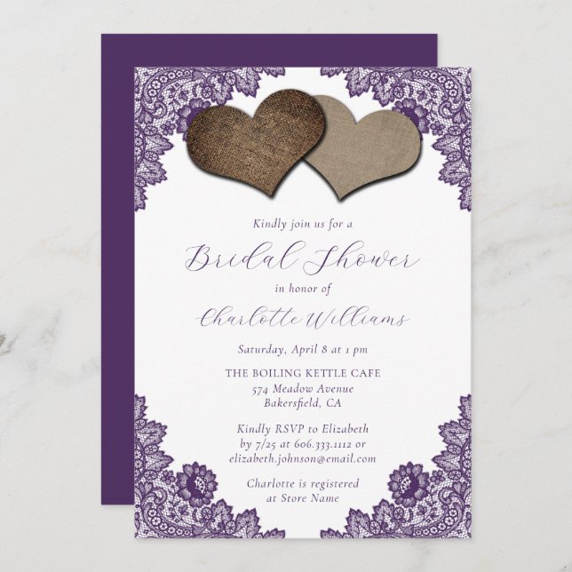 Invitación Elegant Rustic Purple Floral Lace Bridal Shower (Anverso / Reverso)