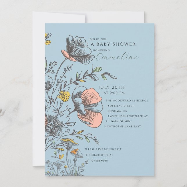 Invitación Elegant Rustic Wildflower Blue Baby Shower  (Anverso)