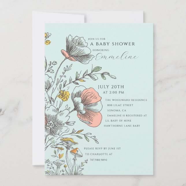 Invitación Elegant Rustic Wildflower Mint Green Baby Shower  (Anverso)