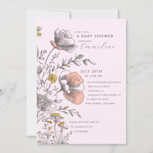 Invitación Elegant Rustic Wildflower Pink Baby Shower  (Anverso)