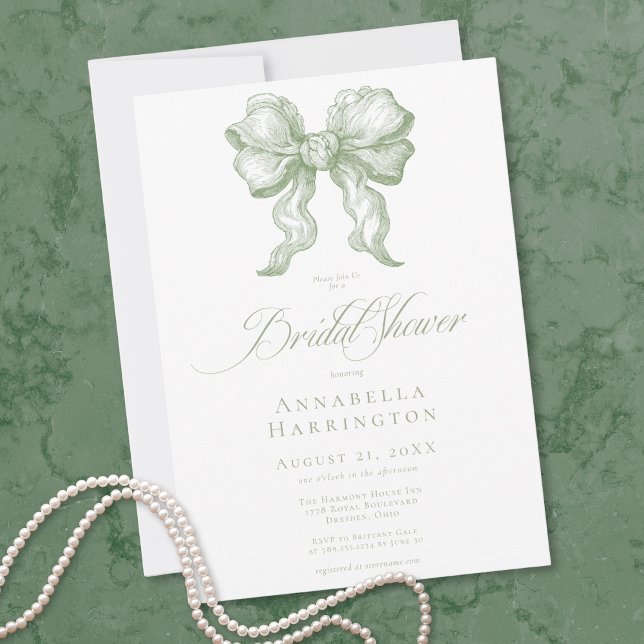 Invitación Elegant Sage Bow Toile French Bridal Shower (Elegant Sage Bow Toile French Bridal Shower Invitation)