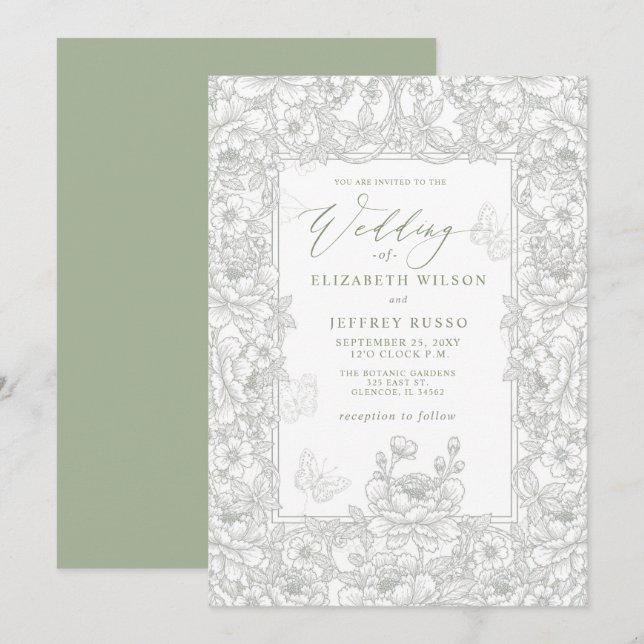 Invitación Elegant Sage Chinoiserie Floral Botanical Wedding (Anverso / Reverso)
