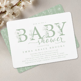 Invitación Elegant Sage Floral Baby Shower Typography