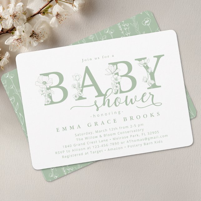 Invitación Elegant Sage Floral Baby Shower Typography (Baby Shower Invite)