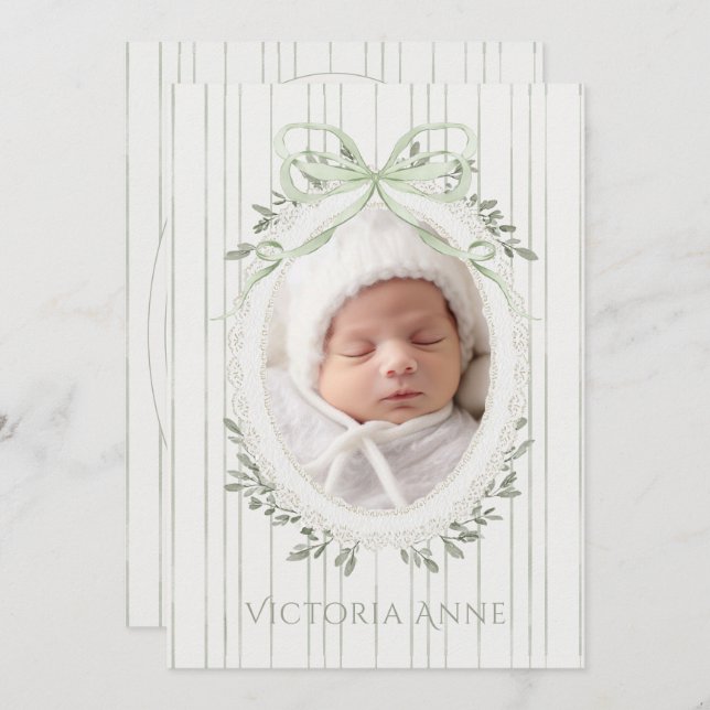 Invitación Elegant Sage Green Baby Girl Birth Announcement (Anverso / Reverso)
