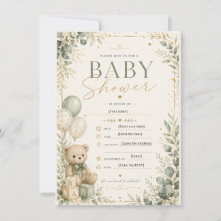 Invitación Elegant Sage Green Baby Shower Invitation | Teddy