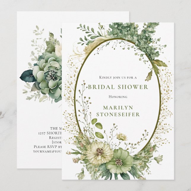 Invitación Elegant Sage Green Botanical Bridal Shower | (Anverso / Reverso)