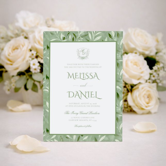 Invitación Elegant Sage Green Botanical Crest Wedding (Subido por el creador)