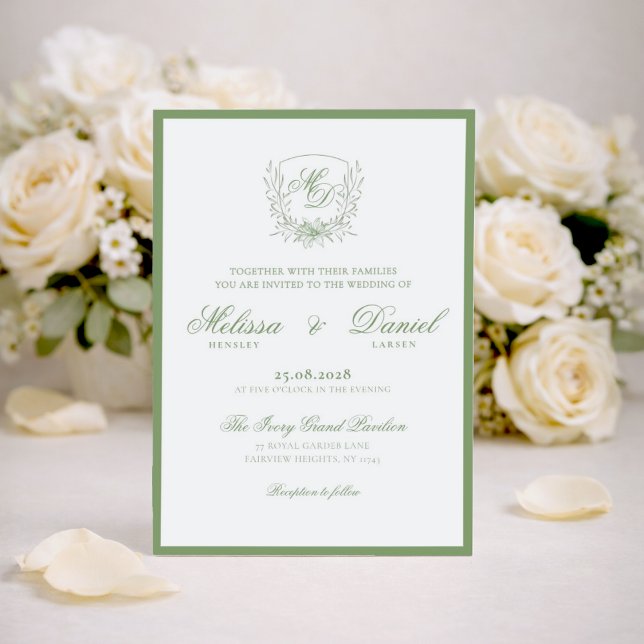 Invitación Elegant Sage Green Botanical Crest Wedding (Subido por el creador)