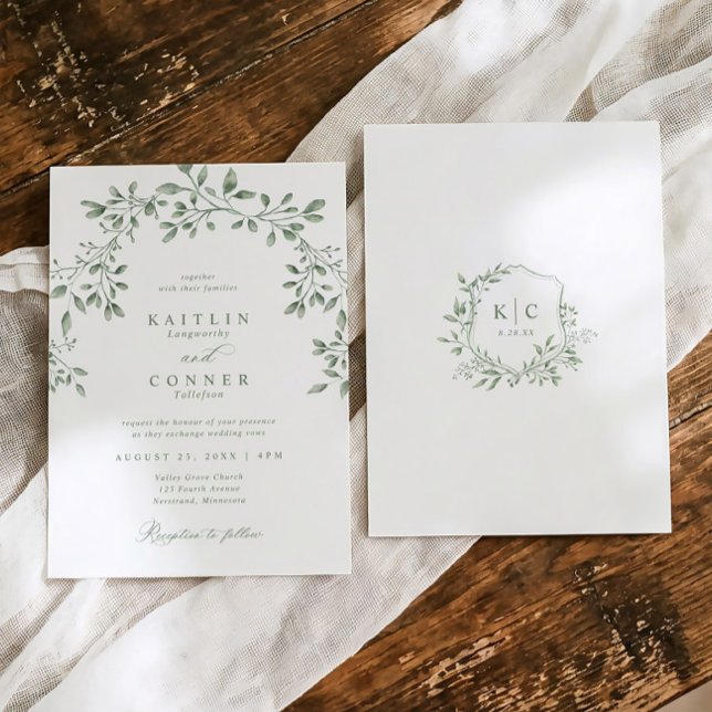 Invitación Elegant Sage Green Botanical Garden Wedding (Elegant garden wedding invitation in sage green with watercolor greenery and crest on back)
