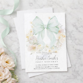 Invitación Elegant Sage Green Bow Floral First Birthday