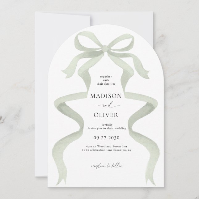 Invitación Elegant Sage Green Bow Monogram Arch Wedding (Anverso)