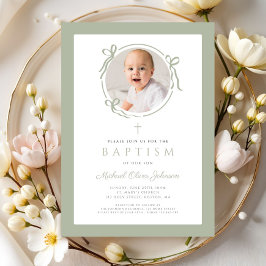 Invitación Elegant Sage Green Bow Photo Baptism