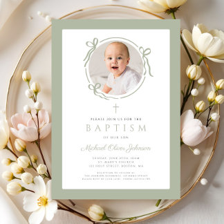 Invitación Elegant Sage Green Bow Photo Baptism