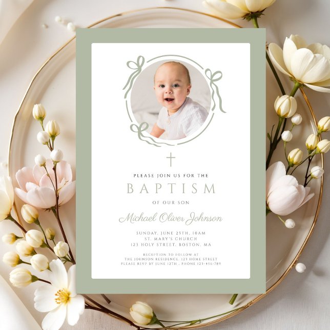 Invitación Elegant Sage Green Bow Photo Baptism (Elegant Sage Green Bow Photo Baptism Invitation)