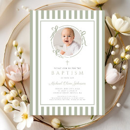 Invitación Elegant Sage Green Bow Photo Boy Baptism