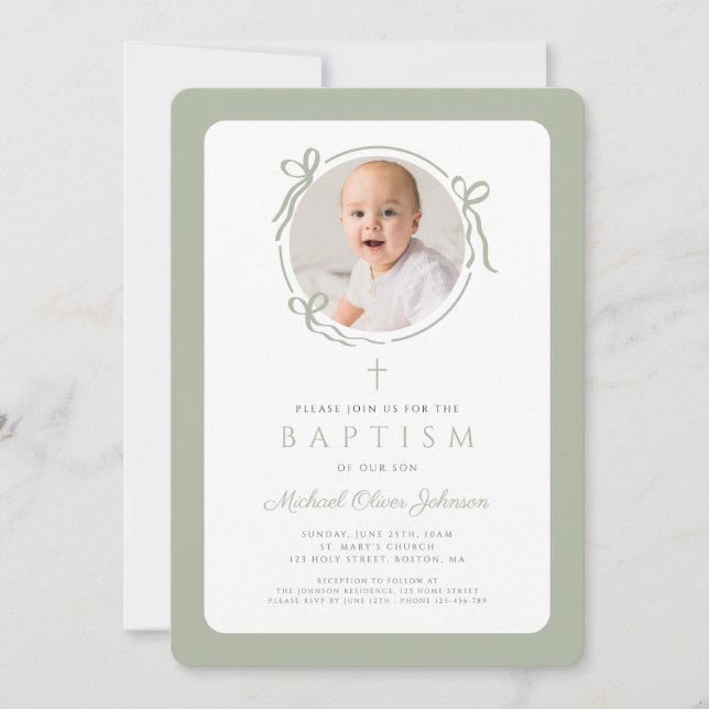 Invitación Elegant Sage Green Bow Photo Boy Baptism (Anverso)
