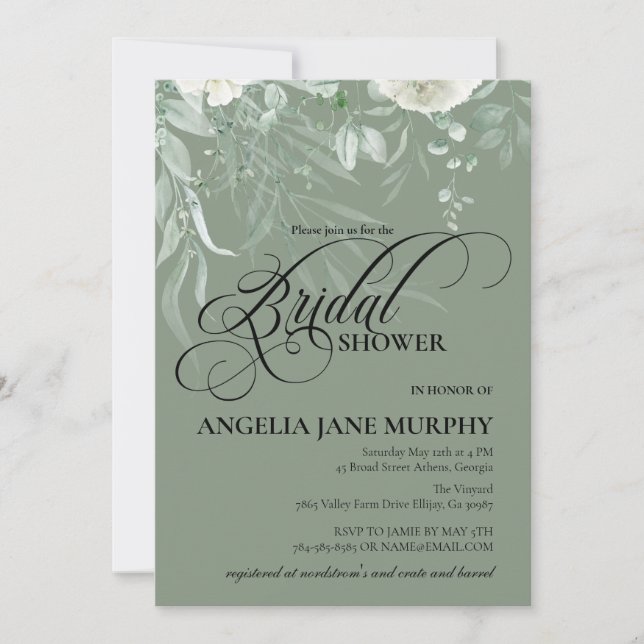 Invitación Elegant Sage Green Bridal Shower Invitation (Anverso)