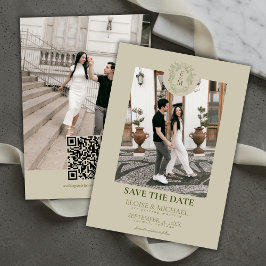 Invitación Elegant Sage Green Crest Monogram Save The Date