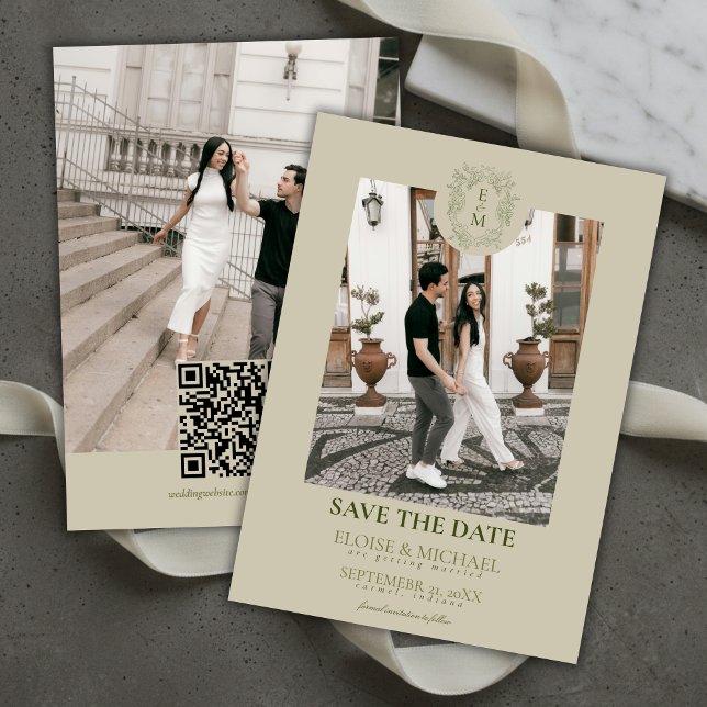 Invitación Elegant Sage Green Crest Monogram Save The Date  (Elegant Sage Green Crest Monogram Save The Date Invitation)