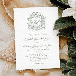 Invitación Elegant Sage Green Crest Monogram Wedding