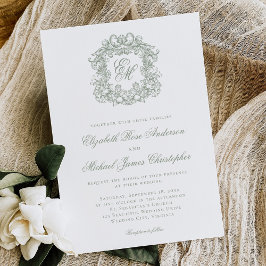 Invitación Elegant Sage Green Crest Monogram Wedding