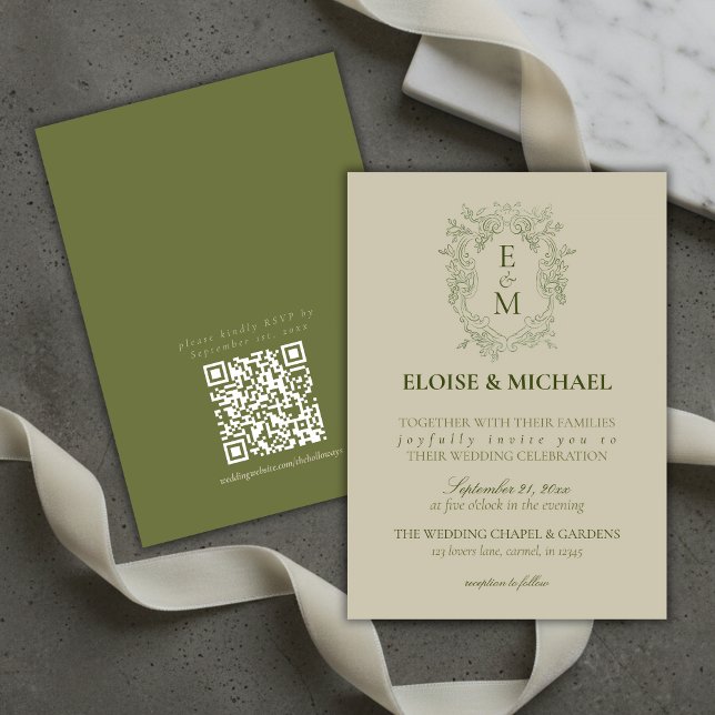 Invitación Elegant Sage Green Crest Monogram Wedding (Elegant Sage Green Crest Monogram Wedding Invitation)