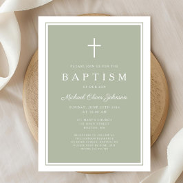 Invitación Elegant Sage Green Cross Baby Boy Baptism