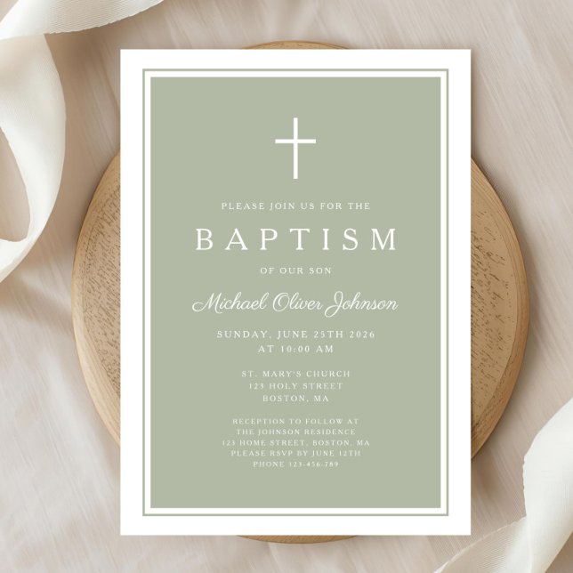 Invitación Elegant Sage Green Cross Baby Boy Baptism (Elegant Sage Green Cross Baby Boy Baptism Invitation)