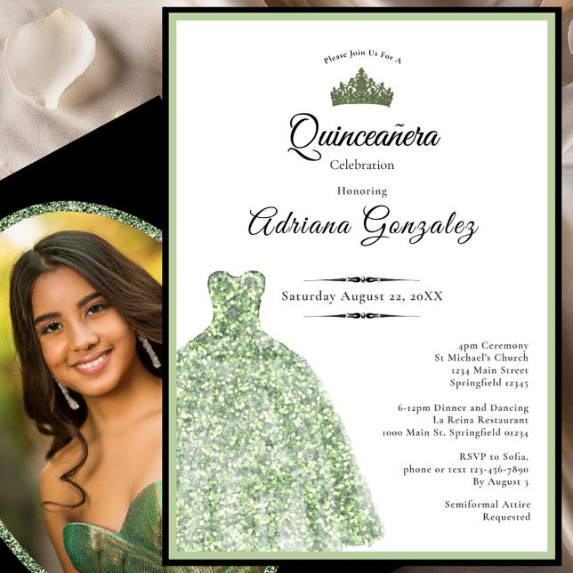 Invitación Elegant sage green dress 18th birthday debut (Subido por el creador)