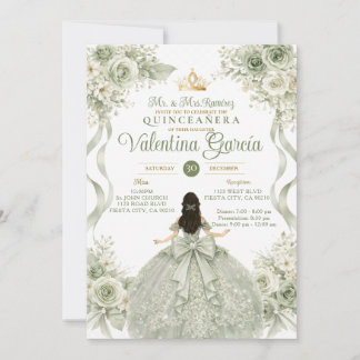Invitación Elegant Sage Green Floral Quinceañera Bow Gown