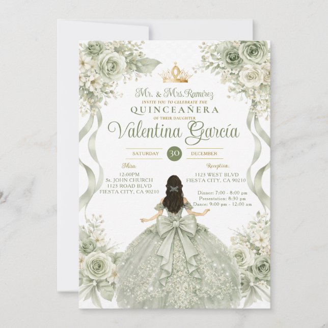 Invitación Elegant Sage Green Floral Quinceañera Bow Gown (Anverso)