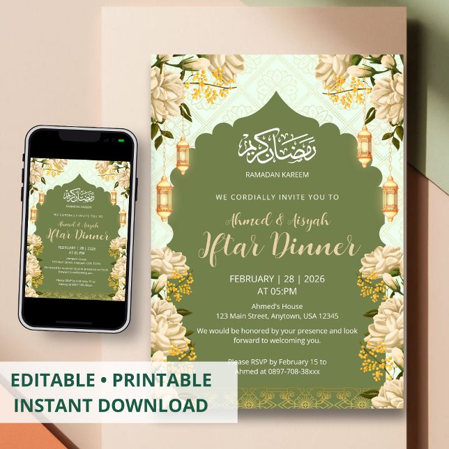 Invitación Elegant Sage Green Floral Ramadan Kareem Iftar (Subido por el creador)