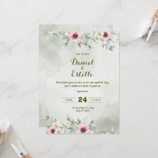 Invitación Elegant Sage Green Floral Watercolor Wedding Invi