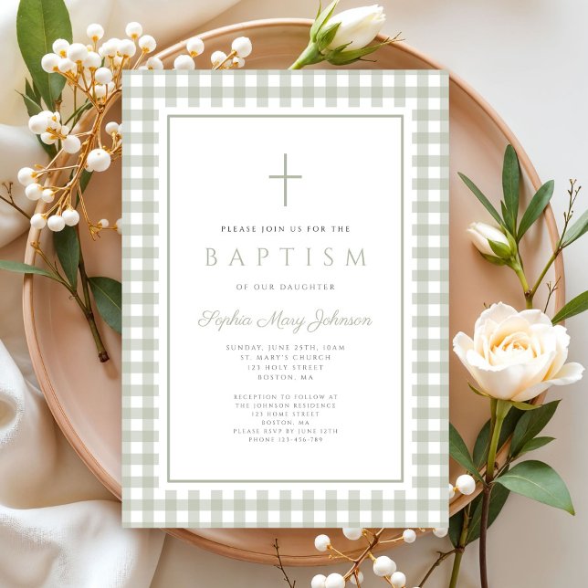 Invitación Elegant Sage Green Gingham Girl Baptism (Elegant Sage Green Gingham Girl Baptism Invitation)