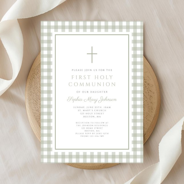 Invitación Elegant Sage Green Gingham Girl First Communion (Elegant Sage Green Gingham Girl First Communion Invitation)