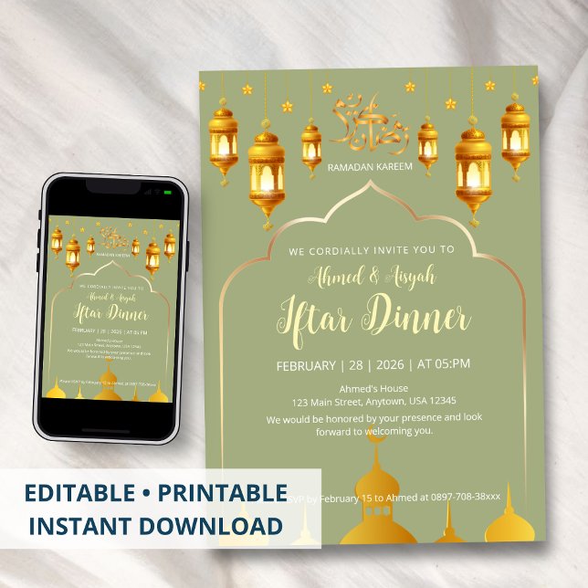 Invitación Elegant Sage Green & Gold Mosque Arch Iftar (Subido por el creador)