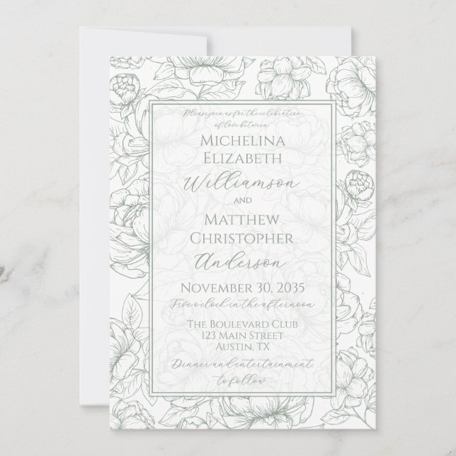 Invitación Elegant Sage Green Hand-Drawn Floral Wedding  Invi (Anverso)