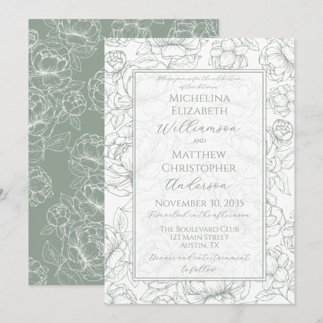 Invitación Elegant Sage Green Hand-Drawn Floral Wedding  Invi (Anverso / Reverso)