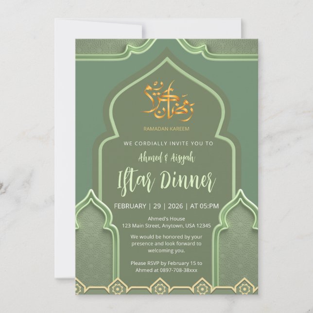 Invitación Elegant Sage Green Islamic Arch Iftar Dinner (Anverso)