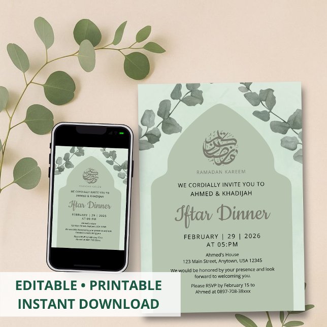 Invitación Elegant Sage Green Islamic Arch Iftar Dinner (Subido por el creador)
