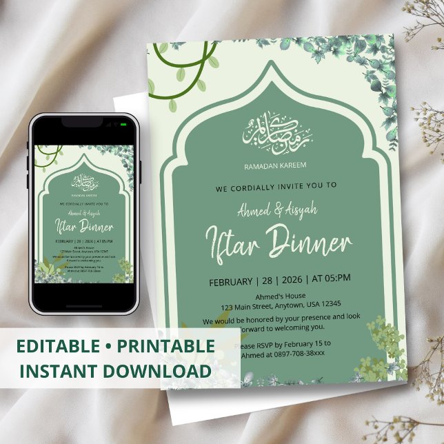 Invitación Elegant Sage Green Islamic Arched Iftar Dinner (Subido por el creador)