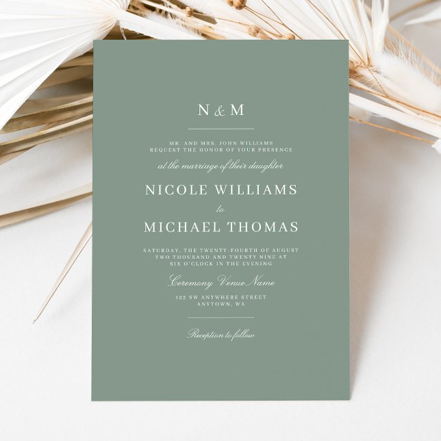 Invitación Elegant Sage Green Monogram Classic Wedding (Subido por el creador)