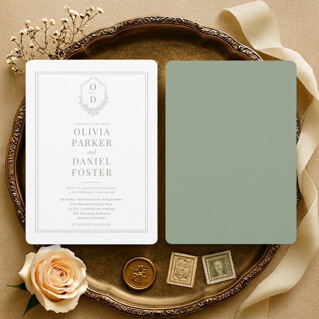Invitación Elegant Sage Green Monogram Crest Wedding (Subido por el creador)