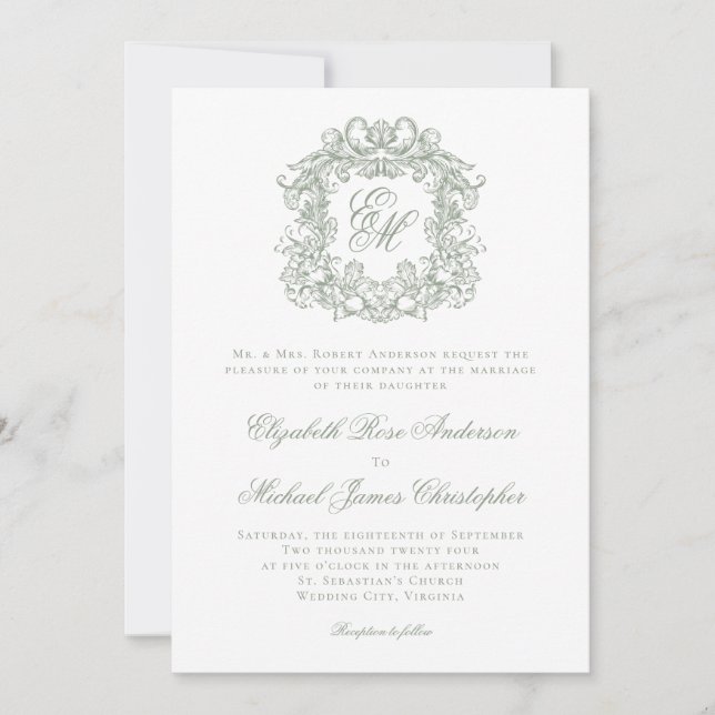 Invitación Elegant Sage Green Monogram Wedding Crest (Anverso)
