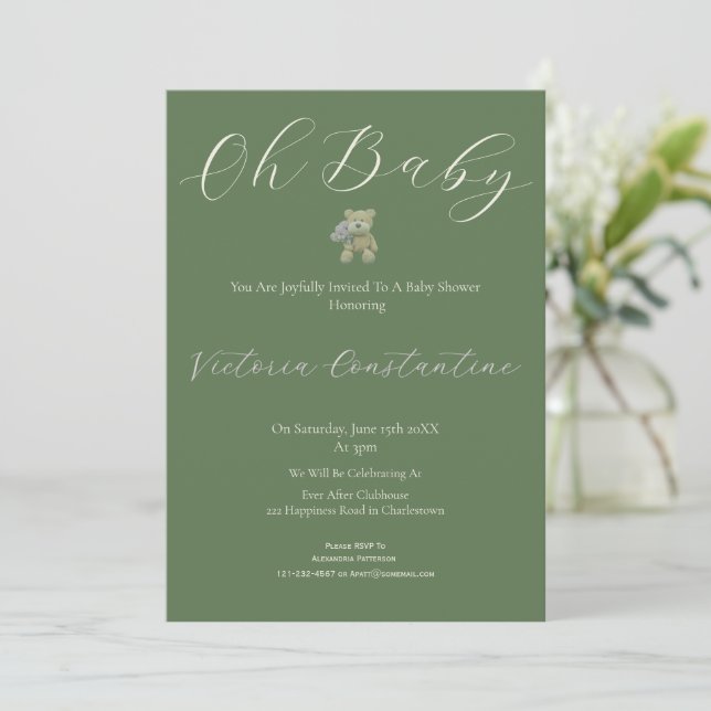 Invitación Elegant Sage Green Oh Baby Bear Shower Invitation (Anverso de pie)