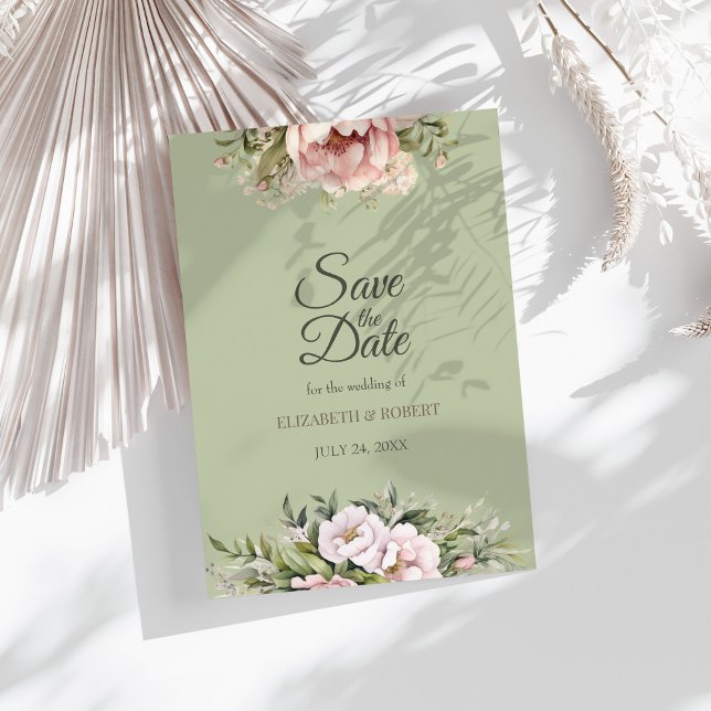 Invitación Elegant Sage Green Peony Floral Save the Date Card (Elegant Sage Green Peony Floral Save the Date Card on a sunny table with dry white botanicals)